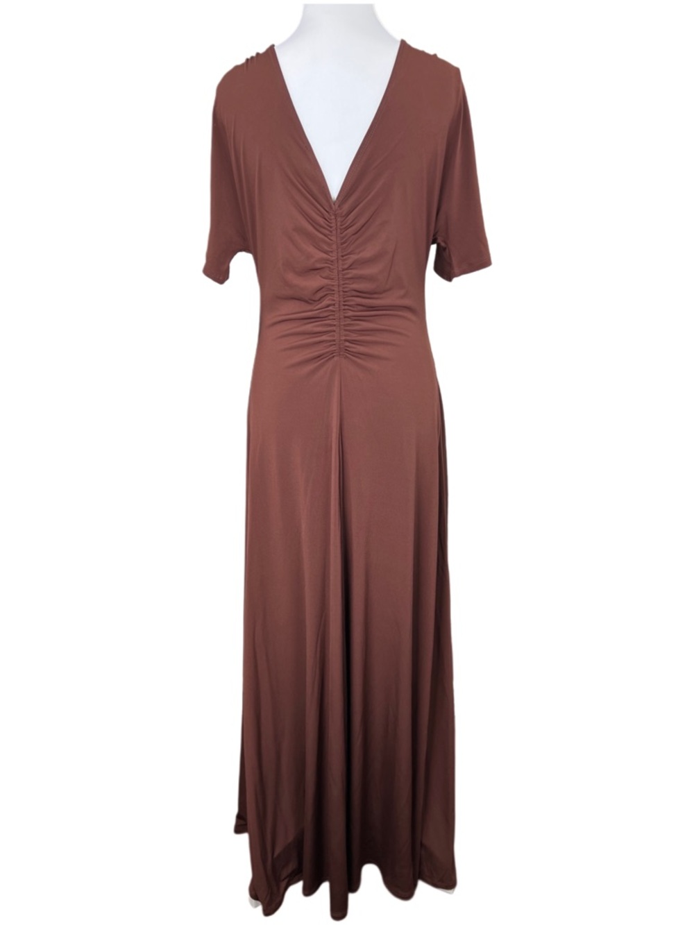 NWT Boston Proper Size Medium Ruched Maxi Dress Brown Deep V Stretch Bodycon - Picture 4 of 8